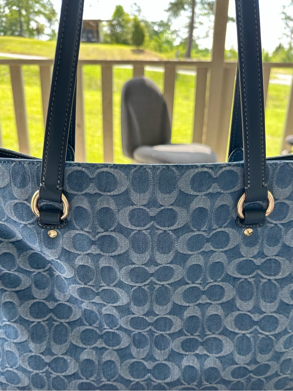 Coach Denim Logo Jacquard Tote in Blue with Navy Trim
